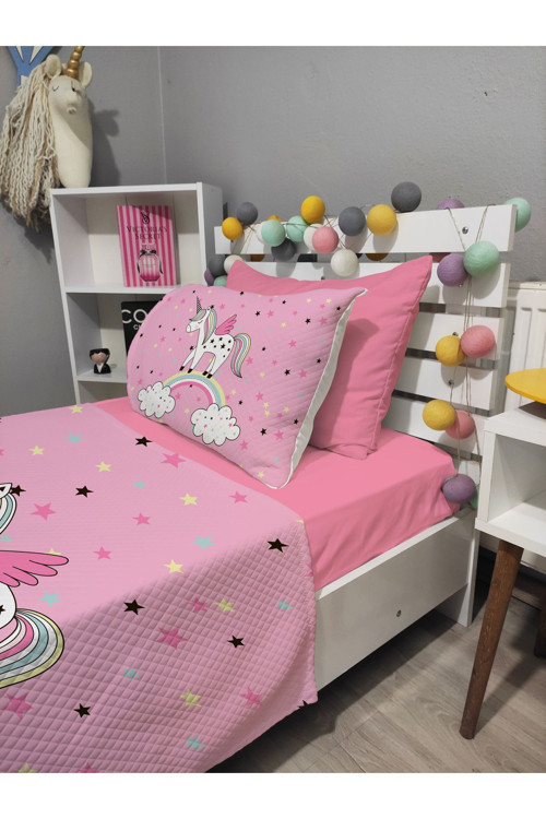 4 Parça Unicorn Desenli Lastikli Çarşaflı Tek Kişilik Pike Yatak Örtüsü Takımı