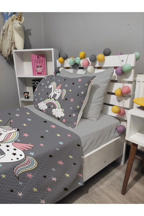 4 Parça Unicorn Desenli Lastikli Çarşaflı Tek Kişilik Pike Yatak Örtüsü Takımı