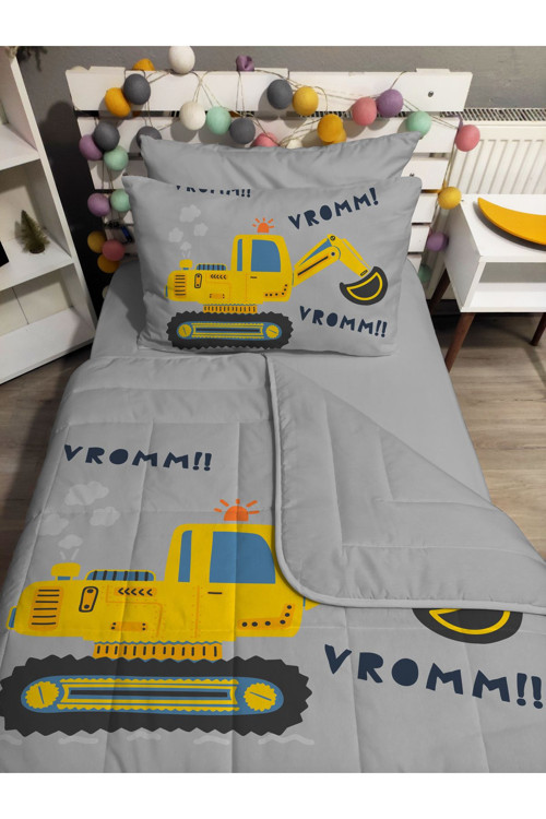 Kapitone Silikon Elyaf Dolgulu Kepçe İş Makina 4 Parça Tek Kişilik Yatak Örtü Lastikli Çarşaf Takımı