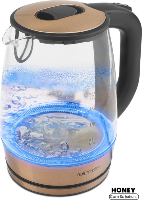 Honey Rose Gold Paslanmaz Çelik 2200 Watt 1.7 Litre Işıklı Cam Kettle Su Isıtıcı
