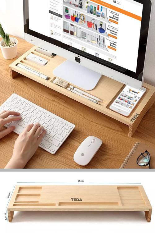 Monitör Altlığı, Masa Üstü Ahşap Organizer & Monitör Standı Monitör Yükseltici 55x20 cm