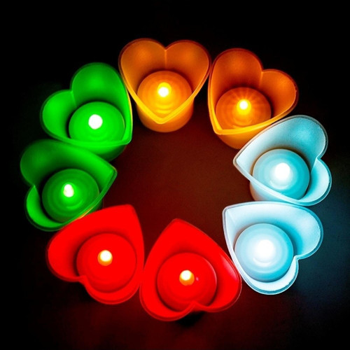 Kalpli Led Işıklı Mum Kırmızı Mum Yeşil Mum Beyaz Mum Sarı Mum Heart Led Light Multi Colors 48 Adet