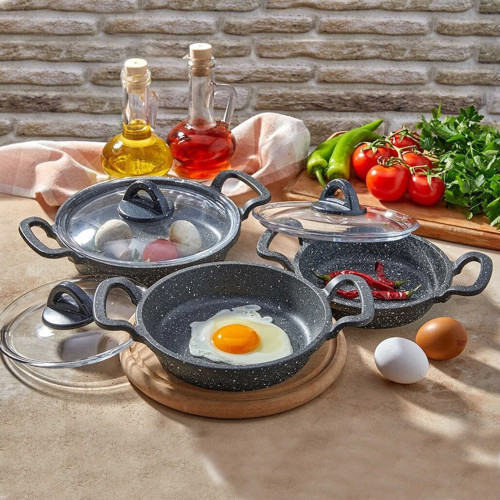 Asya 3'lü Cam Kapaklı Granit Döküm Sahan Seti Gri