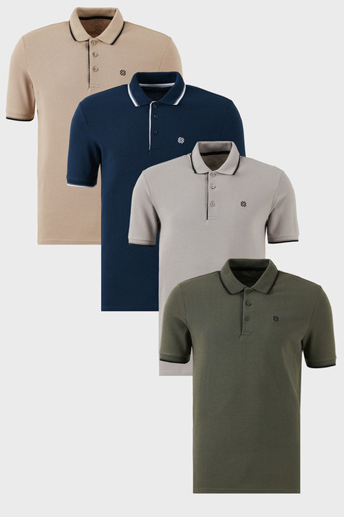 Pamuklu Slim Fit Şerit Detaylı Düğmeli Polo Yaka 4'lü Paket Erkek T Shirt 5902118S4 Haki-İndigo-Taş-Vizon