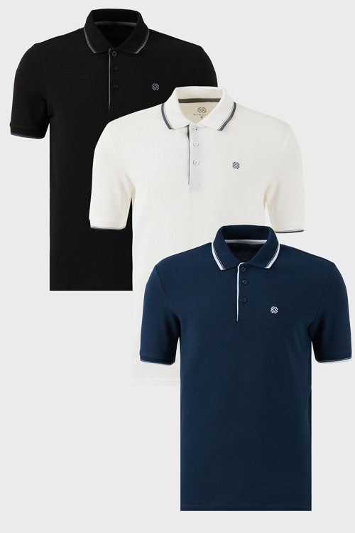 Pamuklu Slim Fit Şerit Detaylı Düğmeli Polo Yaka 3'lü Paket Erkek T Shirt 5902118S3 Siyah-Beyaz-İndigo