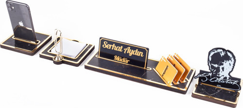 Orbit Atatürk Figürlü Ataçlı Gold Mermer Desenli Hediye Masa İsimliği Ahşap Masa Seti Ofis İsimlik