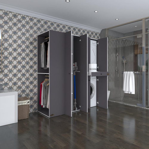çamaşır-kurutma makinesi dolabı ve giysi dolabı çekmeceli eşari sol gri 187*160*60 banyo