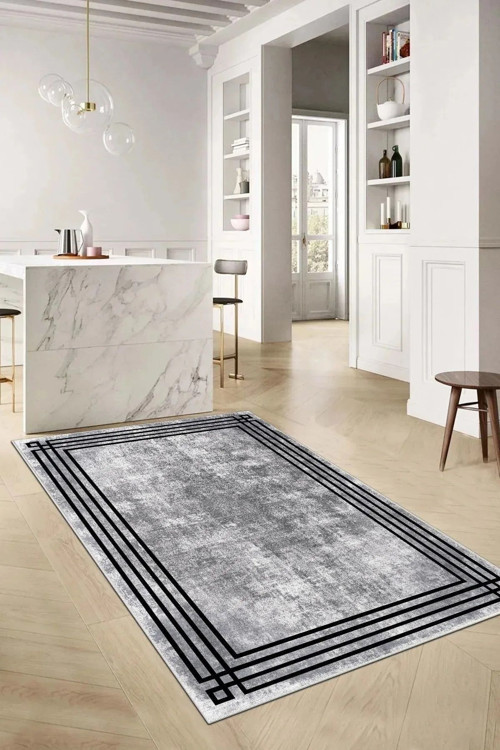 Koyu Gri Çizgili Çok Uyumlu Leke Tutmaz Kaydırmaz Taban Halı Tay Tüyü Hissi Dokulu