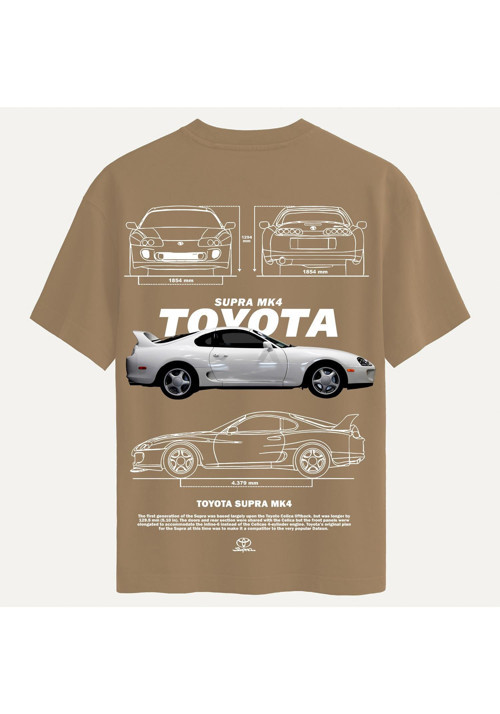 Unisex Bisiklet Yaka %100 Organik Pamuklu Kalın Dokulu Toyota Supra mk4 Baskılı Oversize T-shirt - AÇIK KAHVERENGİ