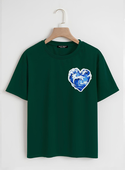 Unisex Oversize Bisiklet Yaka Ocean Heart Baskılı Basic T-Shirt - KOYU YEŞİL