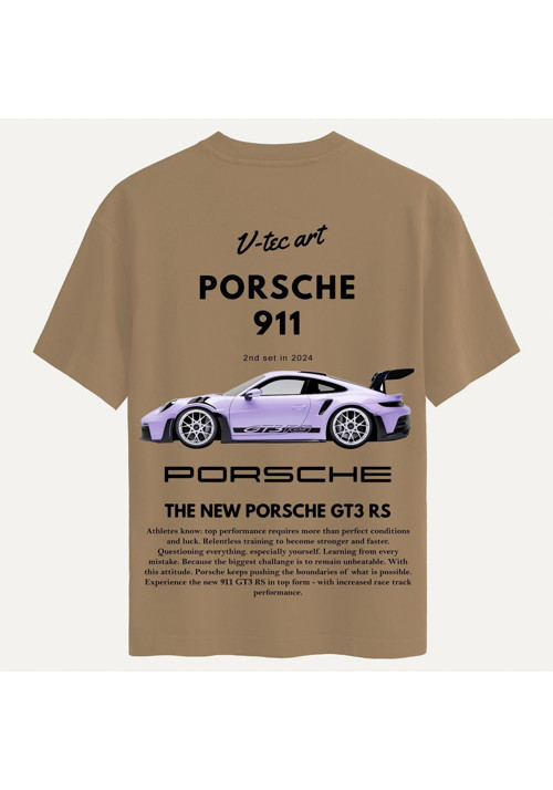 Unisex Bisiklet Yaka %100 Organik Pamuklu Kalın Dokulu Porsche 911 Baskılı Oversize T-shirt - AÇIK KAHVERENGİ