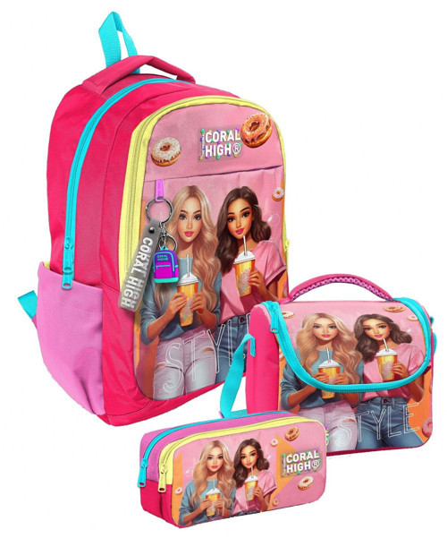 Üç Bölmeli Kız Çocuk, Pembe Kırmızı Fashion Girl, İlkokul ve Ortaokul Üçlü Okul Çanta Seti