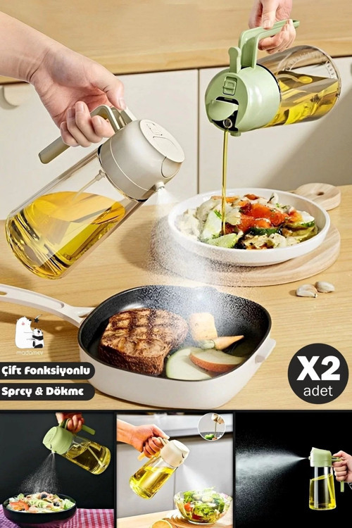 2'Li Çift Fonksiyonlu Cam Yağdanlık 550Ml Kulplu Zeytinyağı Sıvıyağ Şişesi Airfryer Sprey Yağlık