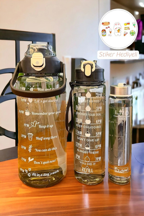 3Lü Motivasyonel Su Matarası Kokusuz Figürlü Suluk Sporcu Matara Pipetli Soft Black Su Şişesi Seti
