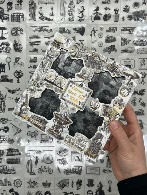4 Bölmeli 100 Yaprak Özel Tasarım Siyah-Beyaz Renk Nostaljik Sticker Set /Etiket /Bullet Journal/Su Geçirmez