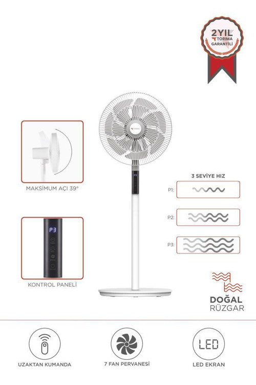 SF-02 Beyaz Ayaklı 16'' İnc 60W 3 Kademe 7 Pervaneli Kumandalı Diğital Ekranlı Vantilatör Fan