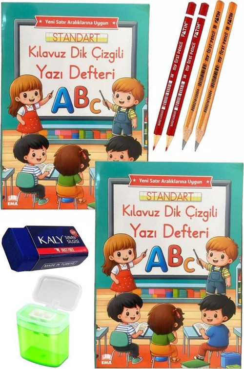 Kılavuz Dik Çizgili Güzel Yazı Defteri A4 Büyük Boy Fatih Kırmızı ve Siyah Jumbo Kurşun Kalem Sınav Silgisi Kalemtraş