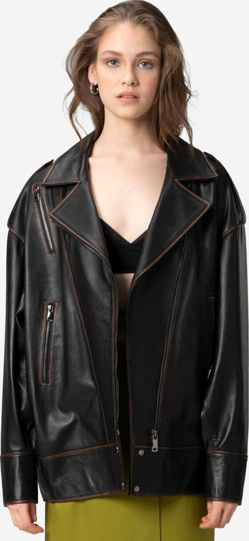 WM019 Oversize Biker Hakiki Deri Kadın Mont SİYAH/TABA