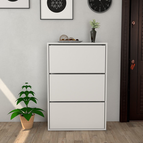 3 Kapaklı Kayar Raflı Ayakkabılık Beyaz