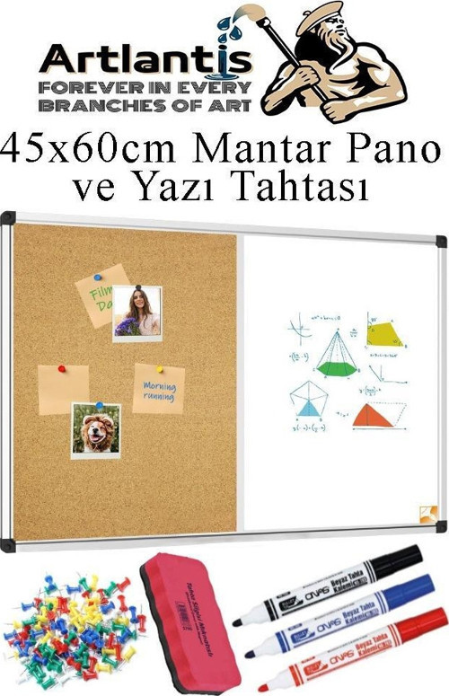 Çift Fonksiyonlu Yazı Tahtası ve Mantar Pano 45x60 cm 1 Adet Alüminyum Çerçeveli Yazı Tahta Kalemi ve Silgisi Harita Çiv