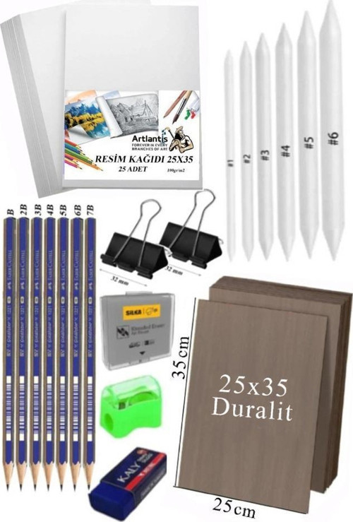 Karakalem Eskiz Çizim Seti Duralit Seti 25x35 cm 1 Paket Pastel Dağıtıcı Kalem Resim Kağıdı Faber Dereceli Kalem Seti Ha