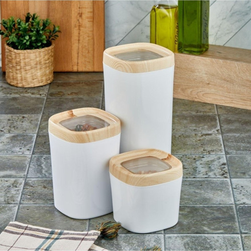 Mugiss Saklama Kabı Ahşap Kaplama Kapak Beyaz Renkli Hazne 3'Lü Set 1800Ml 1000Ml 600Ml
