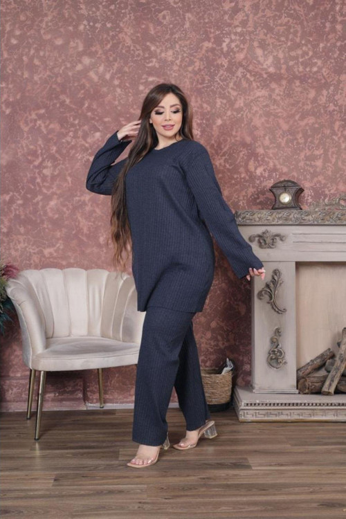 Geniş Kalıp Anne Takımı Lacivert Renk Kışlık Uzun Kollu Büyük Beden Pijama Takımı Ikili Takım