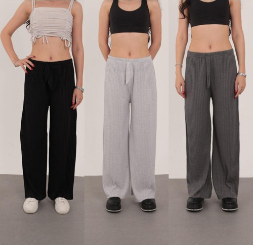 3'Lü Siyah - Gri - Füme Kadın Fitilli Raporlu Pantolon & Eşofman, Gündelik Ev Giyim Pijama