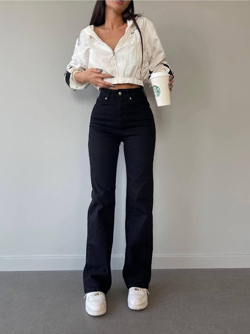Lamira Kadın Salaş Likralı 90'S Solmayan Siyah Süper Yüksek Bel Bol Paça Denim Kot ( 1 Beden Büyük Alınız)