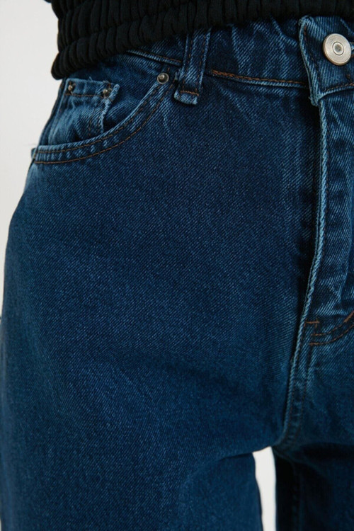Cıqulata Charlotte Koyu Mavi Likralı Süper Yüksek Bel Wide Leg Jean Salaş Geniş Paça Kot Pantolon