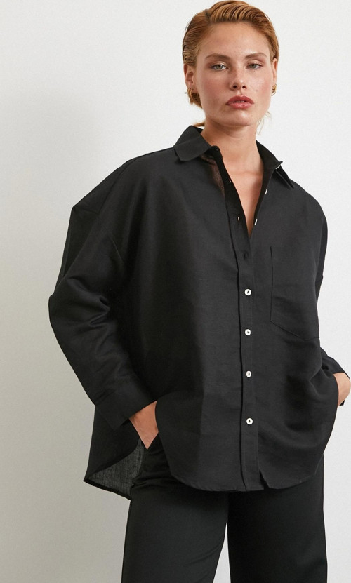 Cepli Oversize Keten Gömlek Siyah