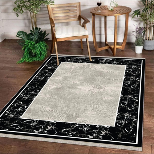 Halı Siyah Cool K0560 Yıkanabilir Saçaklı Kesme Ince Yolluk Kilim Salon Halısı Modelleri