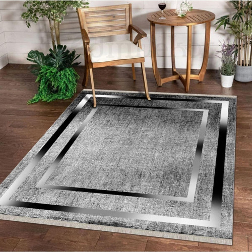 Halı Gri K0460 Yıkanabilir Saçaklı Ince Yolluk Kilim Salon Halısı Modelleri