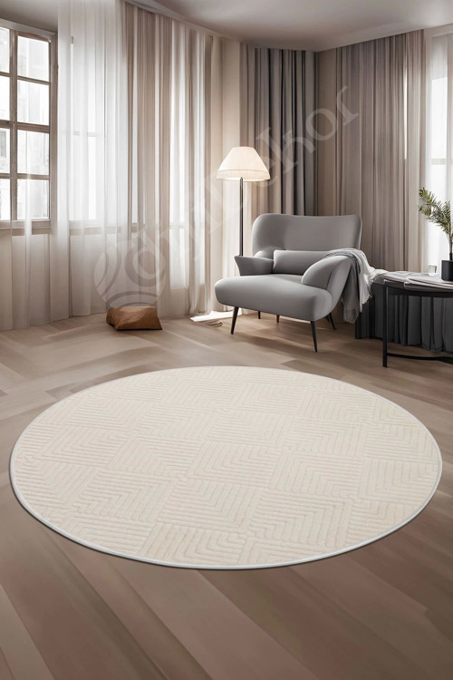 Halı Cool Krem Pramit Desenli Saçaksız Yuvarlak Kesme Yolluk Kilim Salon Halısı Modelleri
