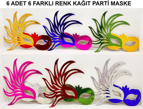 Rengarenk Kağıt Malzemeden İmal Parti Balo Maskesi 6 Adet
