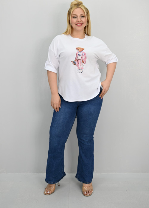 Kadın Büyük Beden Kısa Kollu Taş Detaylı Ayı Baskılı Oversize T-shirt 1926-25