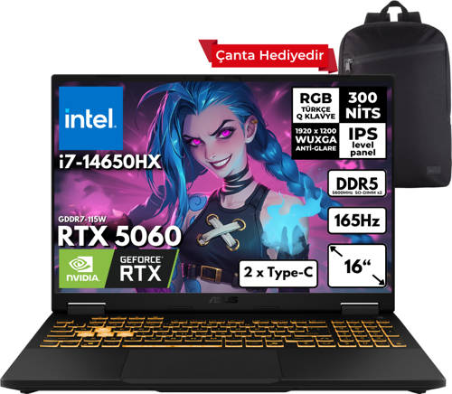 TUF Gaming F16 i7-14650HX 48-GBDDR5 1 TBSSD RTX5060 (8GB-GDDR7-115W) 16" WUXGA 165Hz Windows 11 Pro + Sırt Çantası FX608JMR-RV024HMF19