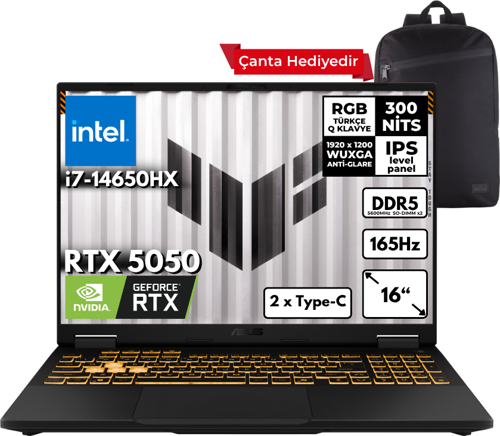 TUF Gaming F16 i7-14650HX 64-GBDDR5 2 TBSSD RTX5050 (8GB-GDDR7-115W) 16" WUXGA 165Hz Windows 11 Home + Sırt Çantası FX608JHR-RV048HMF31