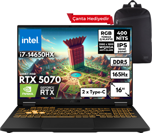 TUF Gaming F16 i7-14650HX 64-GBDDR5 2 TBSSD RTX5070 (8GB-GDDR7-115W) 16" 2.5K WQXGA 165Hz Windows 10 Home + Sırt Çantası FX608JPR-QT002HMF69