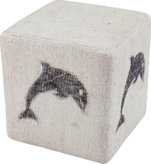 Geneleksel El Dokuma Beyaz Kedir Kilim Siyah Rengi Yunus Balığı Desenli Puf 40X40