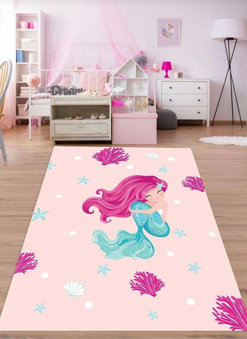 Makinede Yıkanabilir Leke Tutmaz Pembe Pvc Deri Kaymaz Taban Deniz Kızı Çocuk Saçaksız Halı H7205