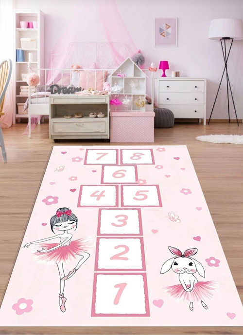 Makinede Yıkanabilir Leke Tutmaz Pembe Pvc Deri Kaymaz Taban Seksek, Tavşan Ve Bale Kız Çocuk Saçak