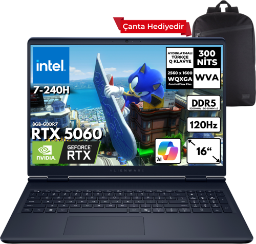 Alienware 16 Aurora 7-240H 40-GBDDR5 2 TBSSD RTX5060 (8GB-GDDR7) 16" 2K WQXGA 120Hz Windows 11 Home + Sırt Çantası AC16250-C716156WHMF10