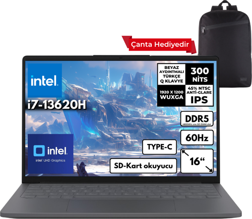 Ideapad Slim 3 i7-13620H 40-GBDDR5 512 GBSSD Intel® UHD Graphics 16" WUXGA Freedos + Sırt Çantası Notebook 83K2001WTRHMF16