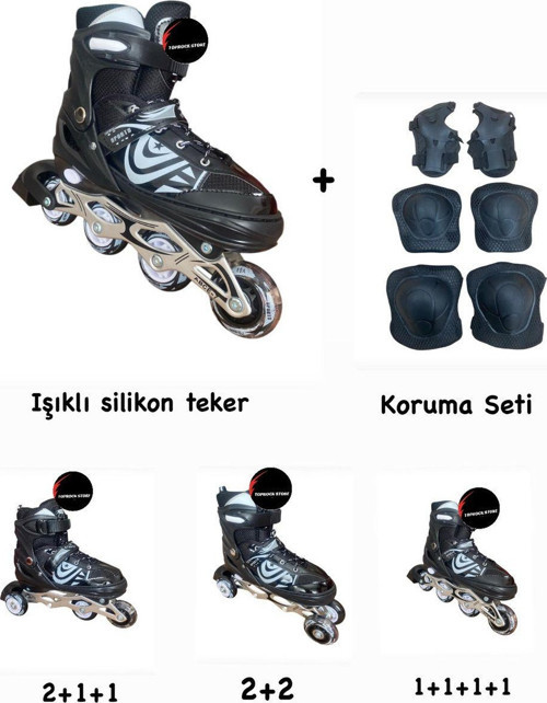 Toprockstore Işıklı Çocuk Pateni Ayarlanılabilir Alıştırma Silikon Tekerli Frenli Metal Gövdeli Paten Dizlik Set 30-33