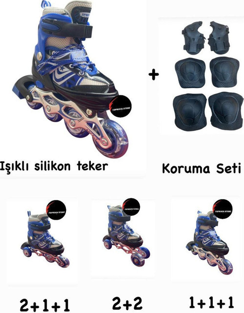 Toprockstore Işıklı Çocuk Pateni Ayarlanılabilir Alıştırma Silikon Tekerli Frenli Metal Gövdeli Paten Dizlik Set 30-33