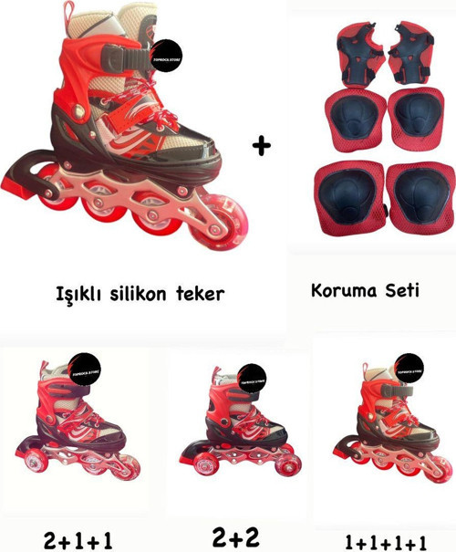 Toprockstore Işıklı Çocuk Pateni Ayarlanılabilir Alıştırma Silikon Tekerli Frenli Metal Gövdeli Paten Dizlik Set 30-33