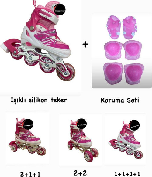 Toprockstore Işıklı Çocuk Pateni Ayarlanılabilir Alıştırma Silikon Tekerli Frenli Metal Gövdeli Paten Dizlik Set 34-37