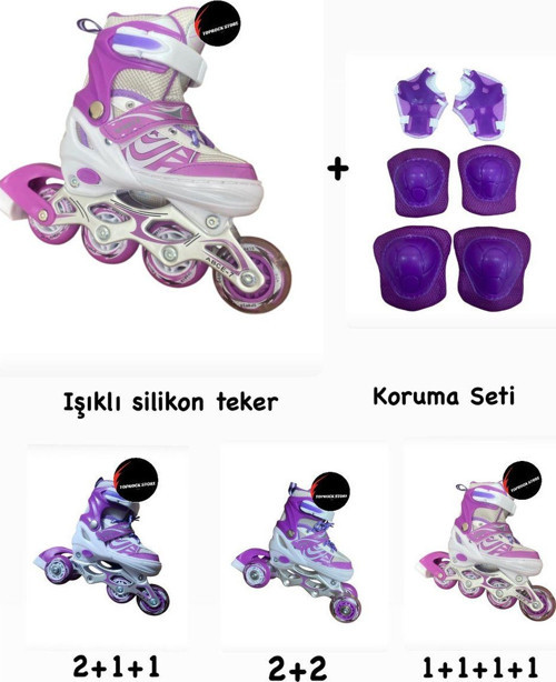Toprockstore Işıklı Çocuk Pateni Ayarlanılabilir Alıştırma Silikon Tekerli Frenli Metal Gövdeli Paten Dizlik Set 38-41