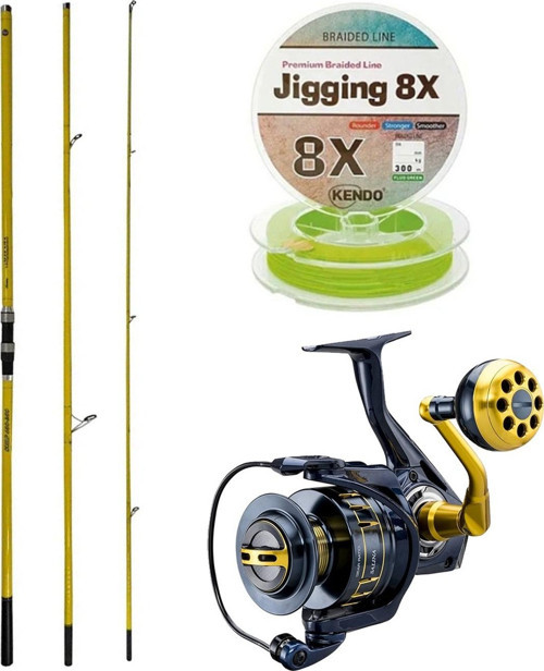 YekOutdoor Profesyonel Olta Seti Okuma Makaira Surf 4,30 cm 100-250 3 Parça Yellow Surf Kamışı&Okuma Salina SA-8000A Blu